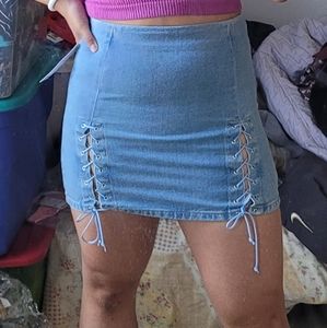 UO rebecca lace up DENIM TIE UP MINI SKIRT